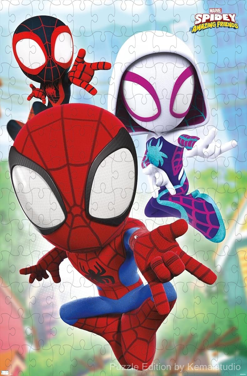 Spidey, Ghost-Spider and Miles shoot webs in a bright, energetic scene for young fans