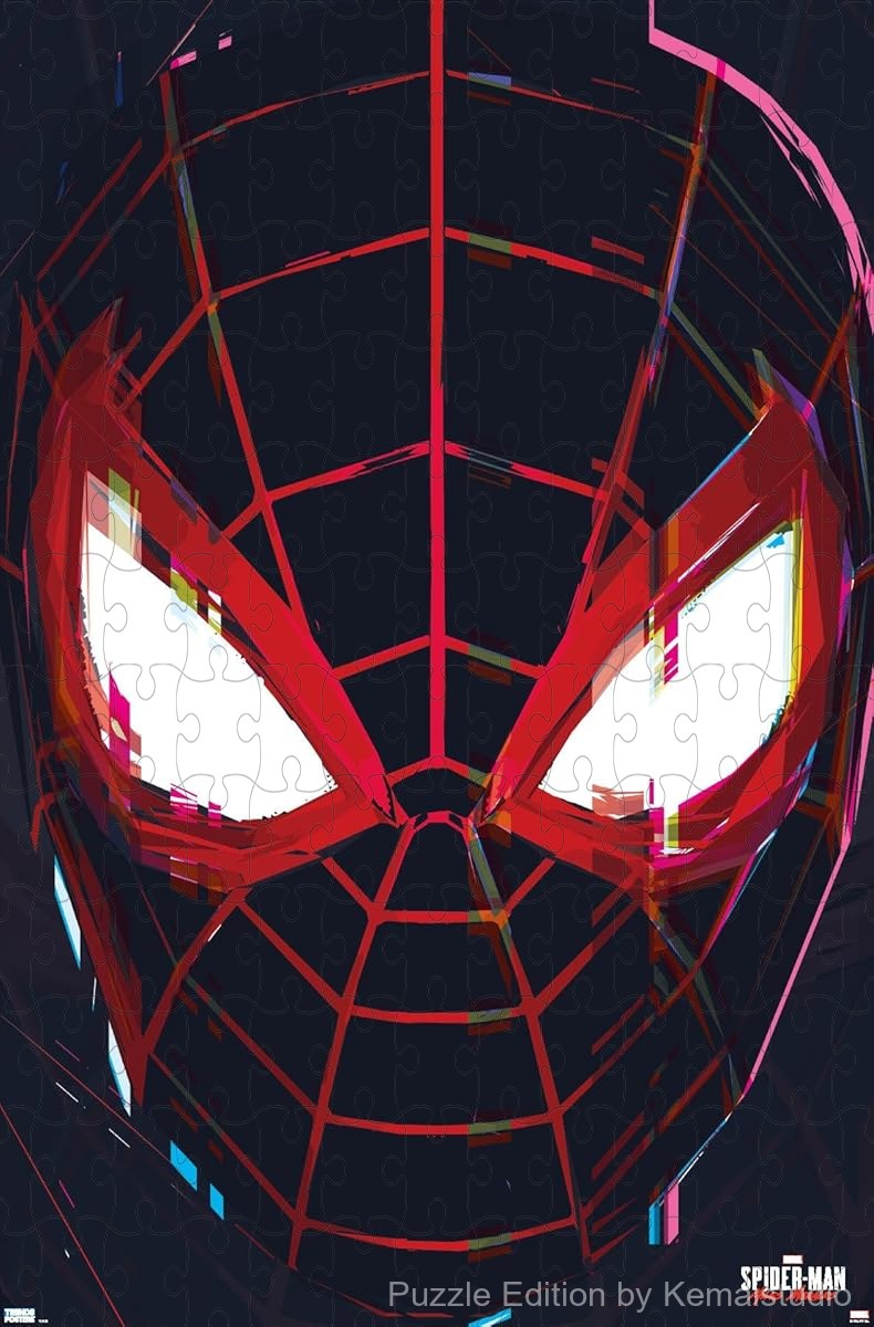 500-piece wooden jigsaw puzzle featuring the face of Miles Morales from Spider-Man.