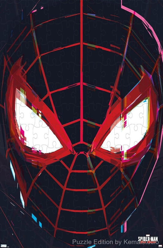 500-piece wooden jigsaw puzzle featuring the face of Miles Morales from Spider-Man.