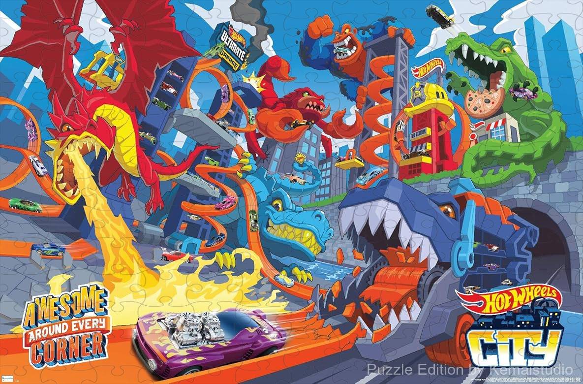 Bright Hot Wheels cars zip through wild loops and stunts, full of energy