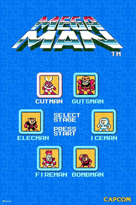 Wooden 1000-piece puzzle showing Mega Man stage select video game scenes