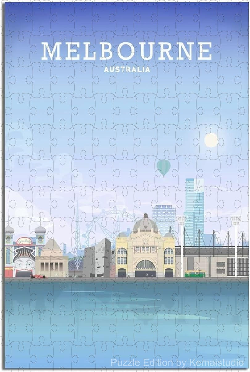 Jigsaw puzzle of Melbourne's skyline with retro travel poster artwork
