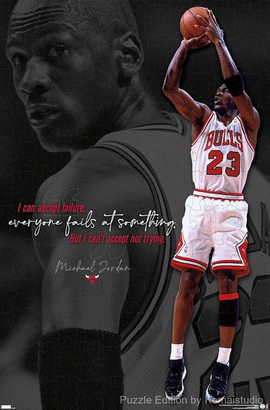 500-piece wooden jigsaw puzzle featuring Michael Jordan and the quote Can't Accept Not Trying.