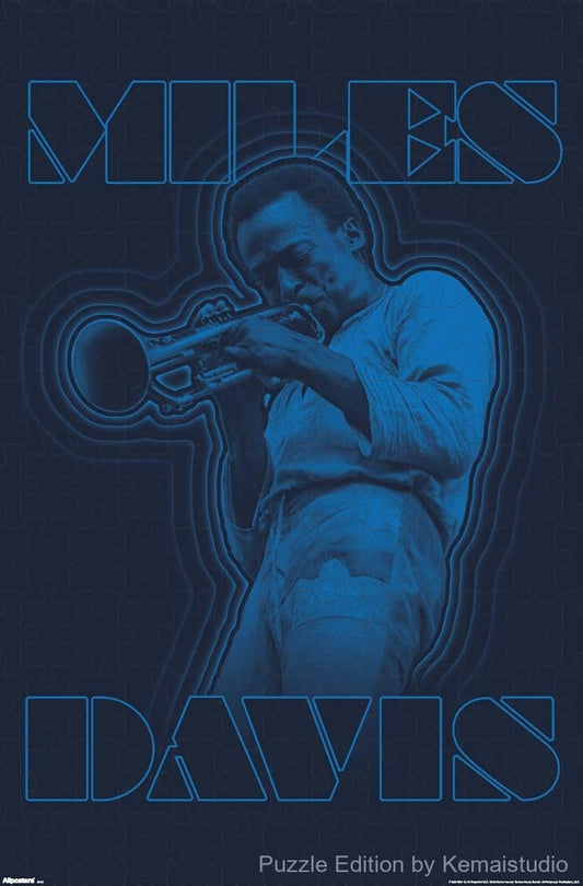 A cool-toned and moody puzzle of Miles Davis in blue, perfect for fans of his timeless sound