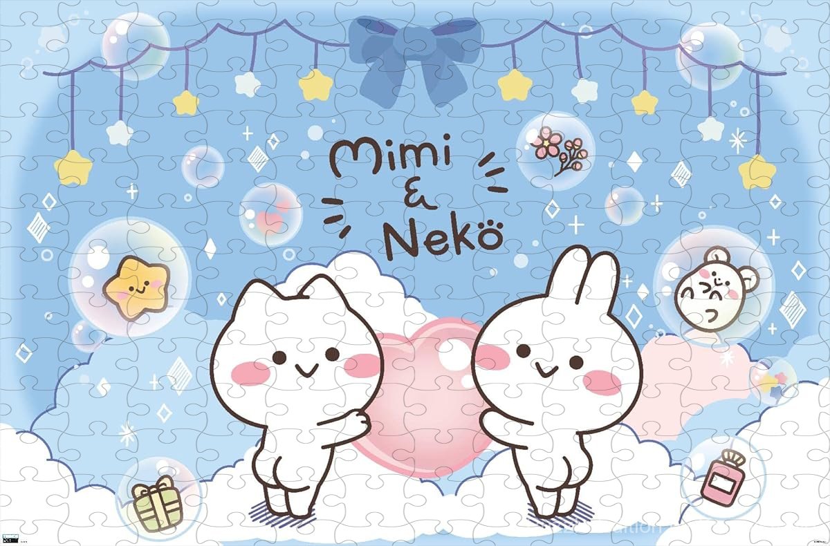 Wooden puzzle featuring Mimi & Neko in a serene clouds scene, with soft and gentle colors