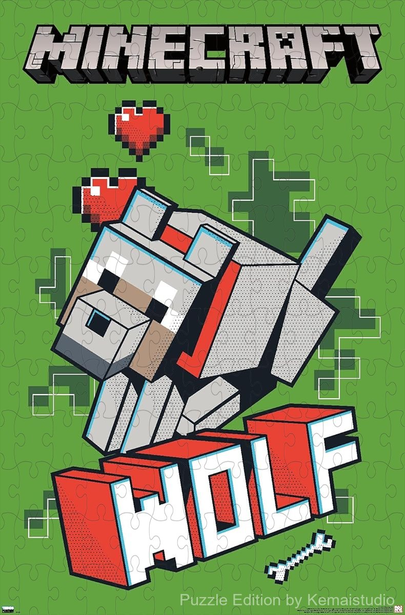 300-piece wooden jigsaw puzzle featuring a Minecraft wolf.