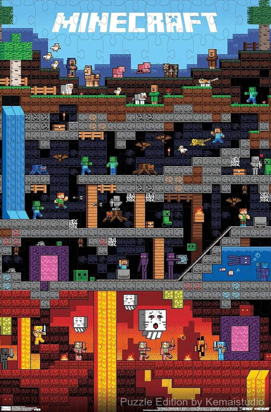 Minecraft - Worldly 500-piece wooden jigsaw puzzle, ideal for kids and family entertainment.