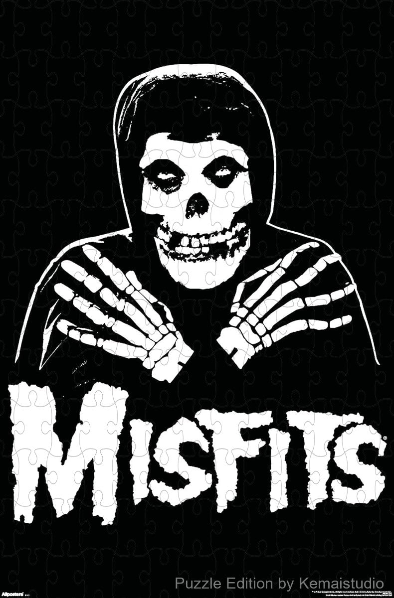 A punchy black-and-white puzzle featuring the iconic Misfits skeletal hand logo