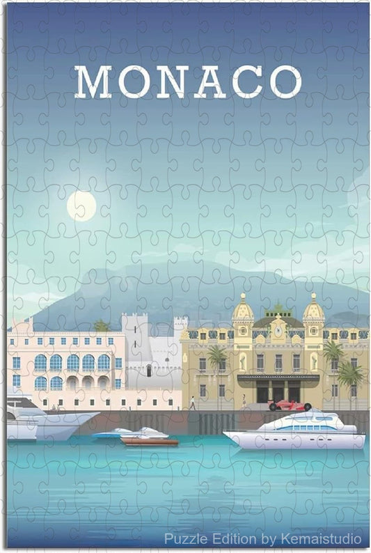 Puzzle image of Monaco's skyline in vintage city travel poster style