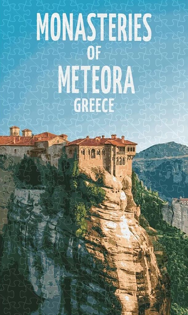 Monasteries of Meteora Greece vintage travel poster jigsaw puzzle for adults, 1000-piece wooden puzzle of the dramatic Meteora rock formations.
