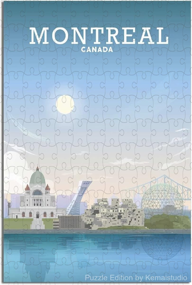 Jigsaw puzzle of Montreal skyline in retro city travel design