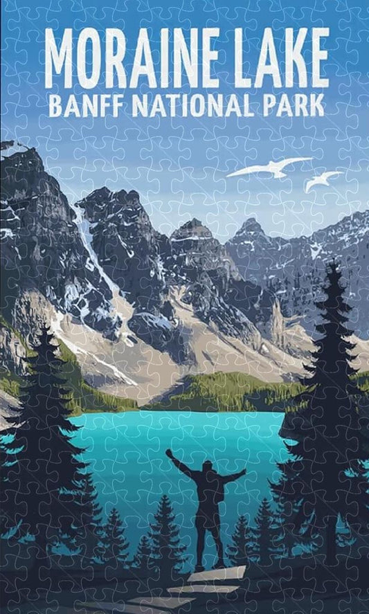 Moraine Lake Banff National Park vintage travel poster jigsaw puzzle for adults, 1000-piece wooden puzzle of the serene Moraine Lake.