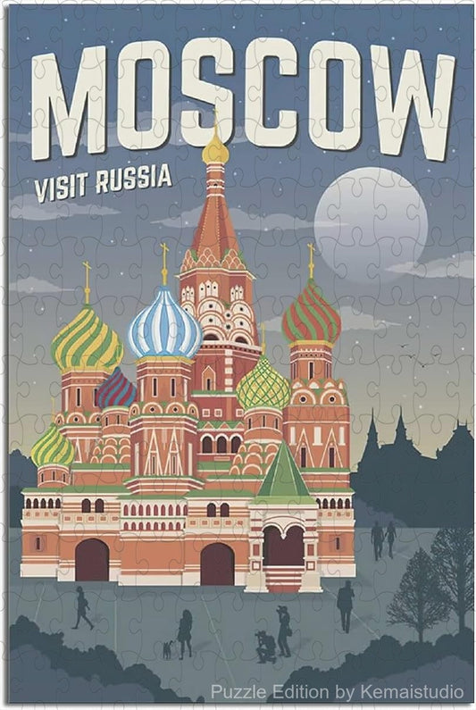 Classic Moscow travel puzzle with Soviet-style vintage poster art