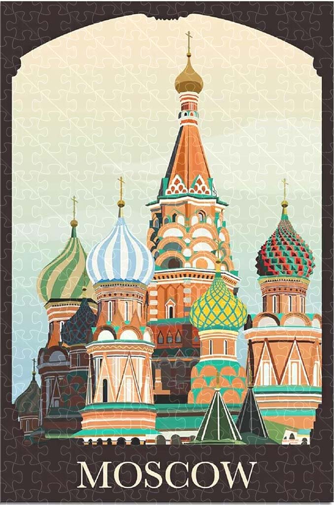 Moscow vintage travel poster jigsaw puzzle for adults, 1000-piece wooden puzzle featuring Moscow's historic landmarks.