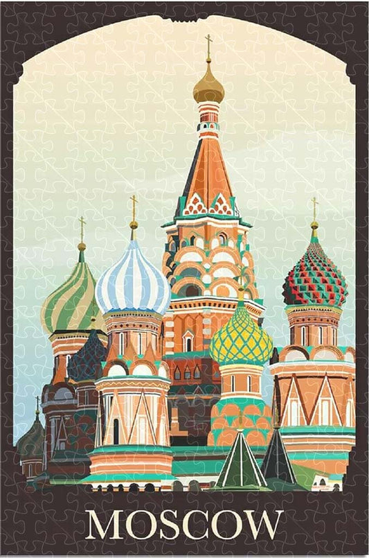 Moscow vintage travel poster jigsaw puzzle for adults, 1000-piece wooden puzzle featuring Moscow's historic landmarks.
