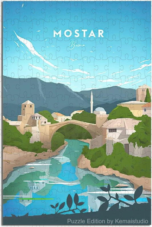 Scenic Mostar puzzle featuring bridge and townscape in vintage art