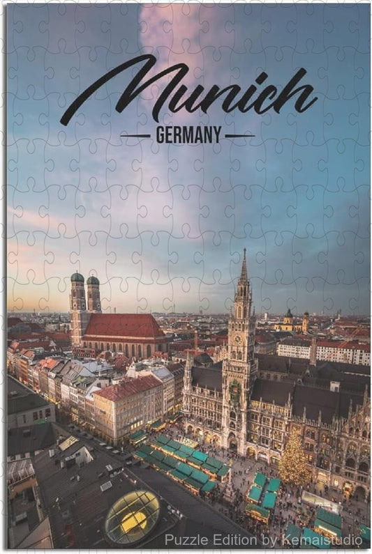 Wooden puzzle featuring the scenic Munich skyline, with detailed architectural designs