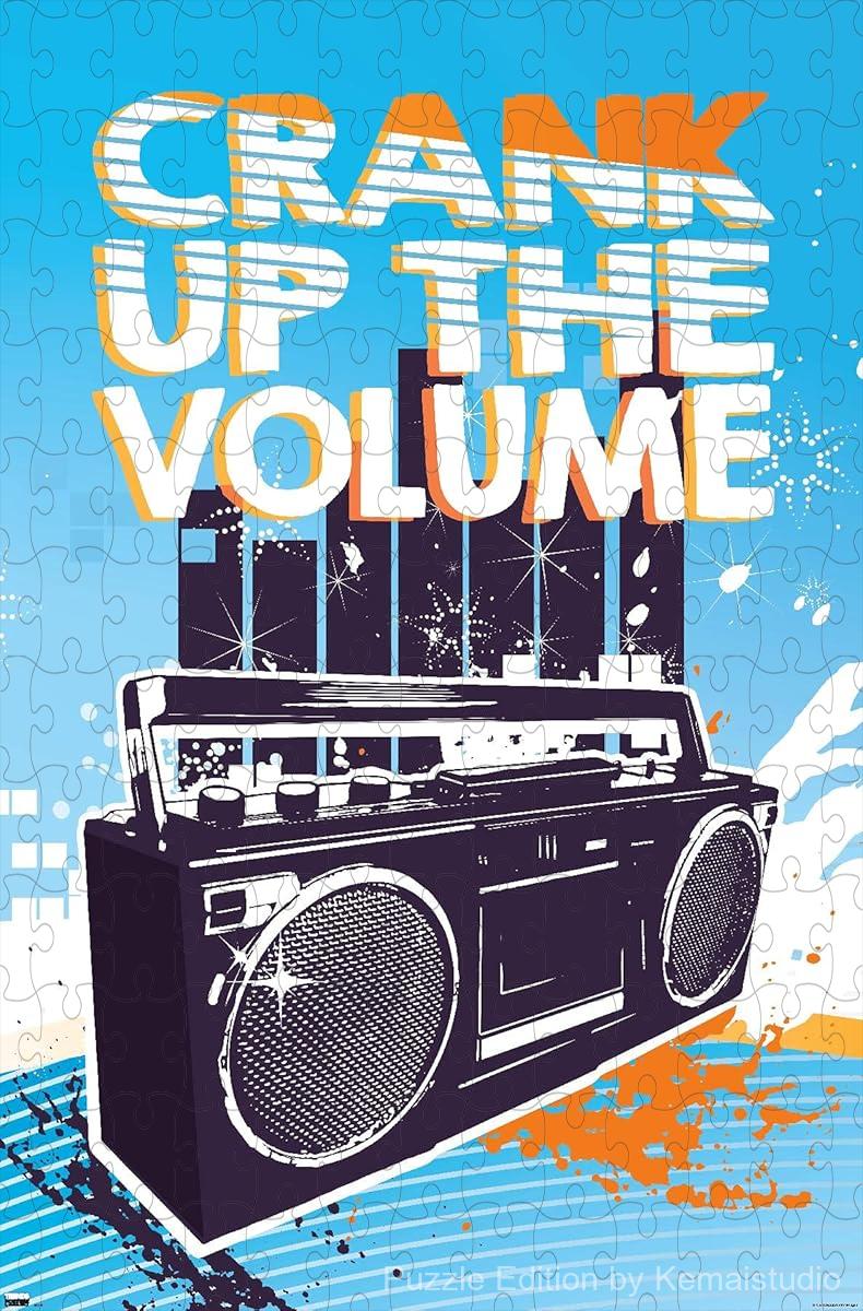 A motivational quote puzzle design themed around turning up the volume on life and music