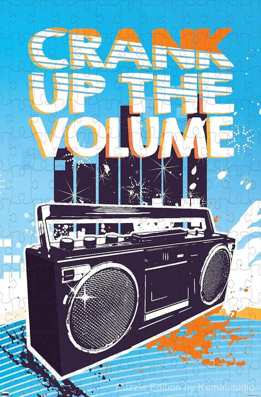 A motivational quote puzzle design themed around turning up the volume on life and music