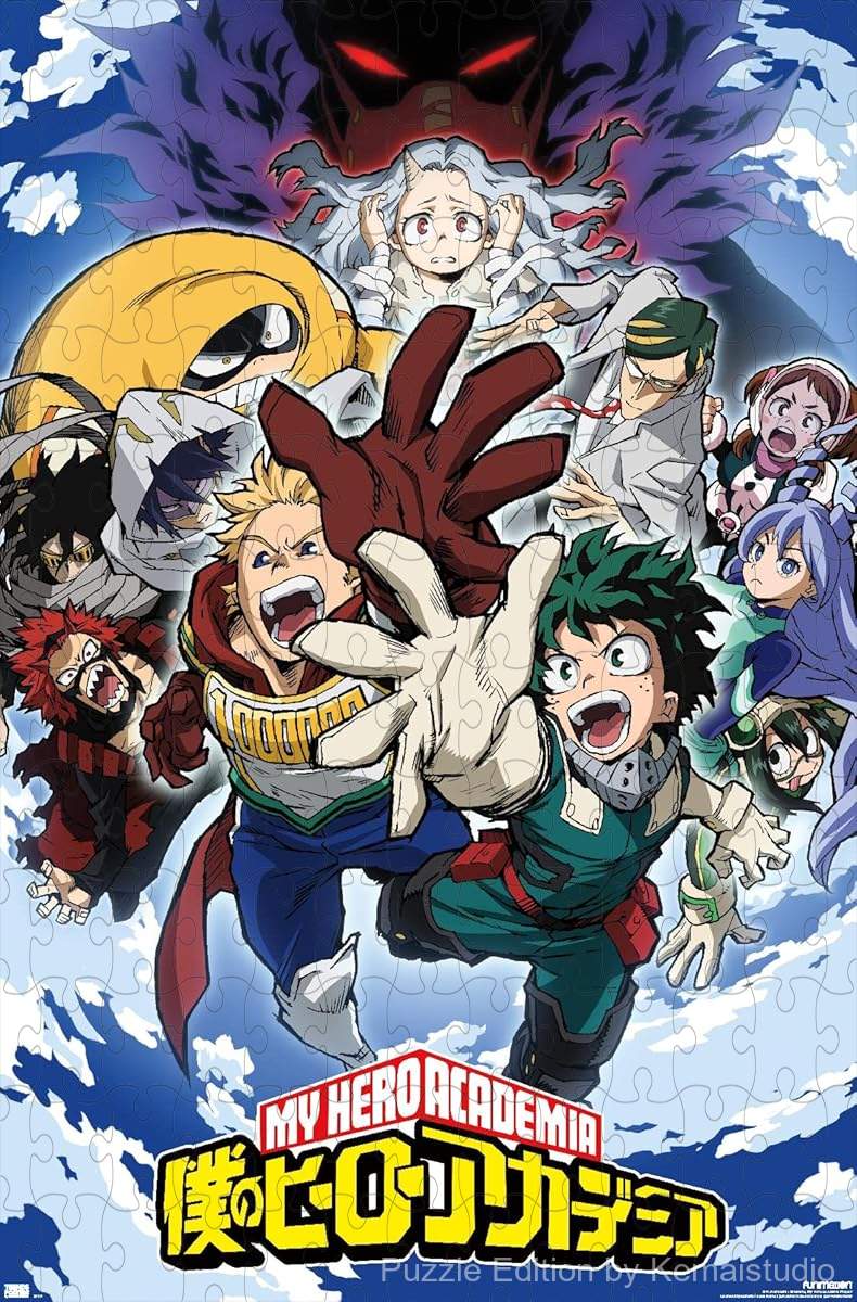 Wooden puzzle featuring key art from My Hero Academia Season 4, showcasing main characters
