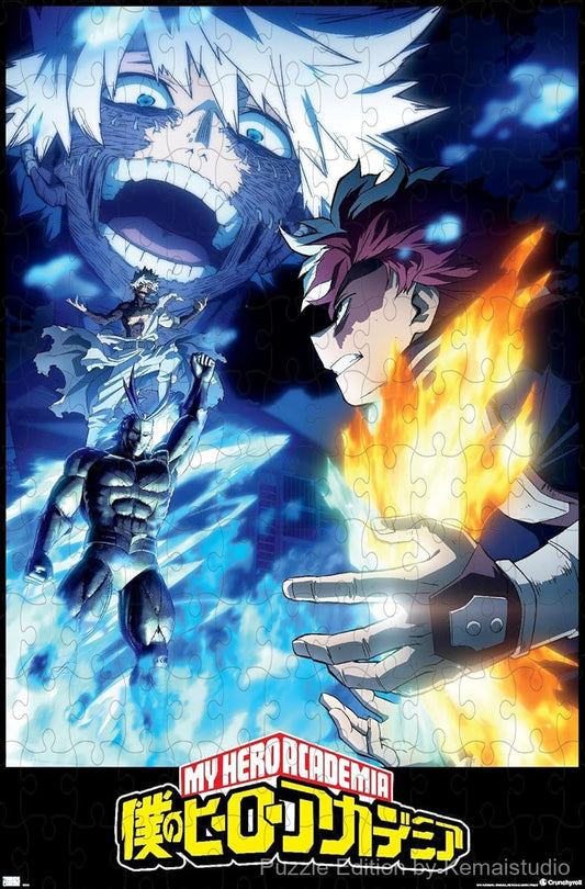 Wooden puzzle featuring the epic Todoroki vs Dabi battle from My Hero Academia, with intense action visuals