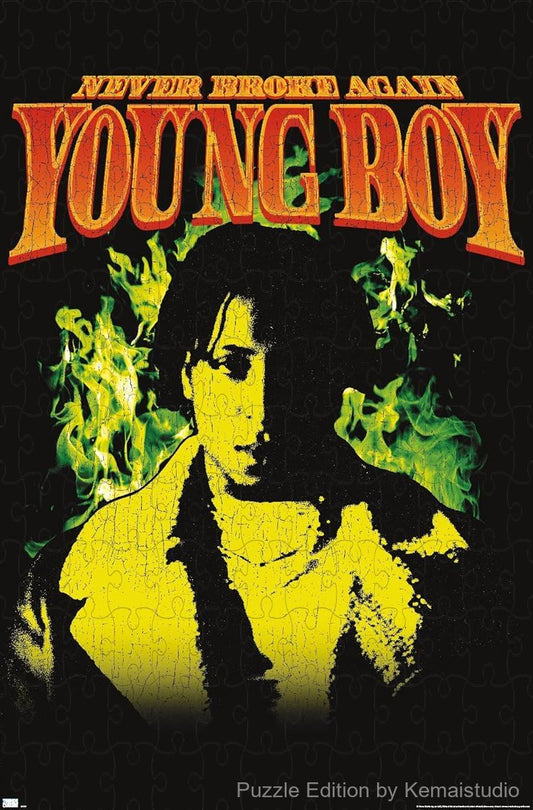 A vivid puzzle of NBA Youngboy surrounded by green flames, ideal for decor and entertainment