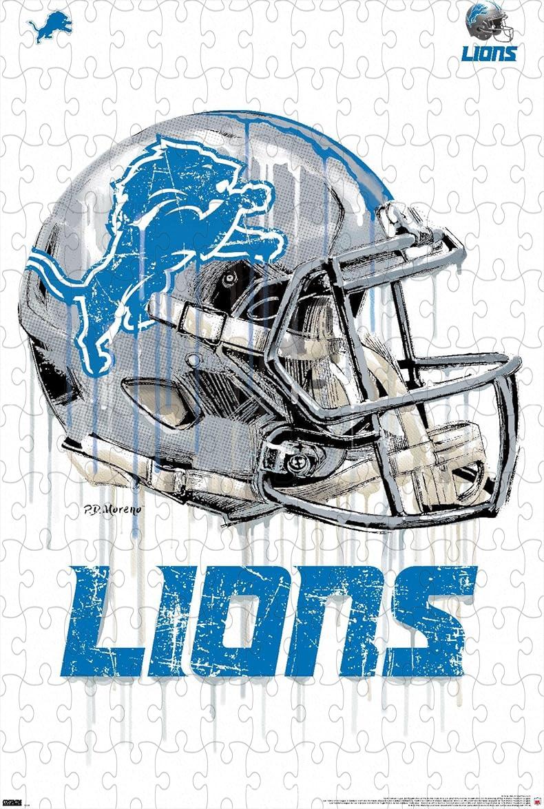 1000-piece wooden jigsaw puzzle featuring the Detroit Lions drip helmet design.