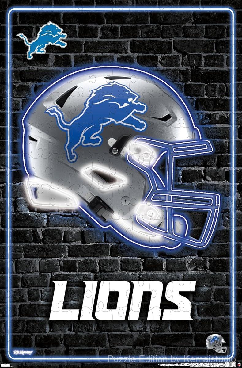 500-piece wooden jigsaw puzzle featuring the Detroit Lions neon helmet.