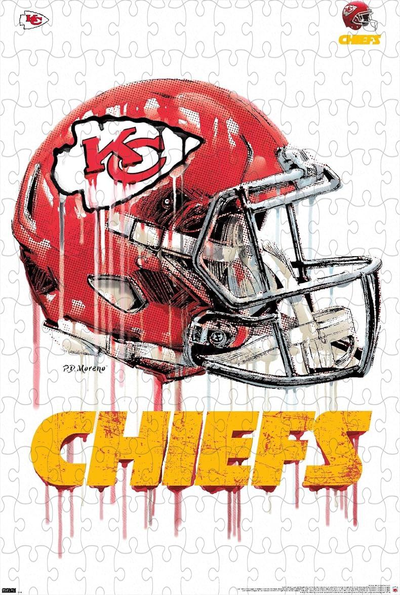 500-piece wooden jigsaw puzzle of the Kansas City Chiefs Drip Helmet, perfect for sports fans.