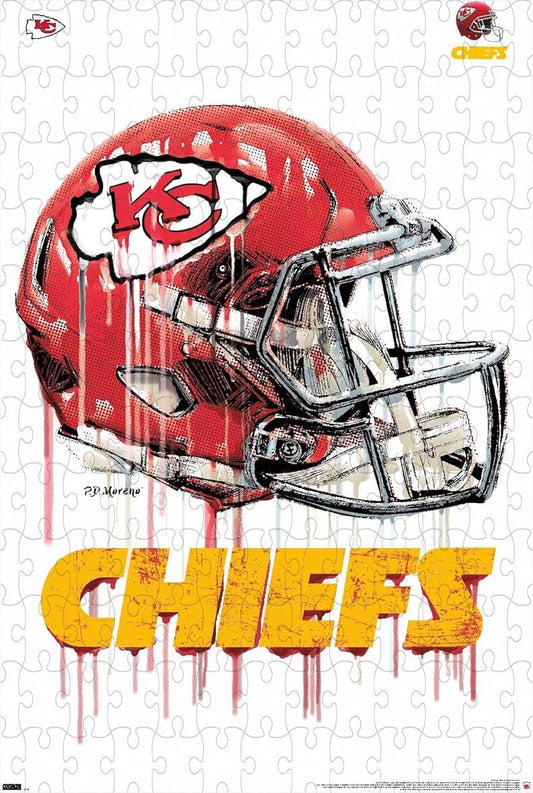 500-piece wooden jigsaw puzzle of the Kansas City Chiefs Drip Helmet, perfect for sports fans.
