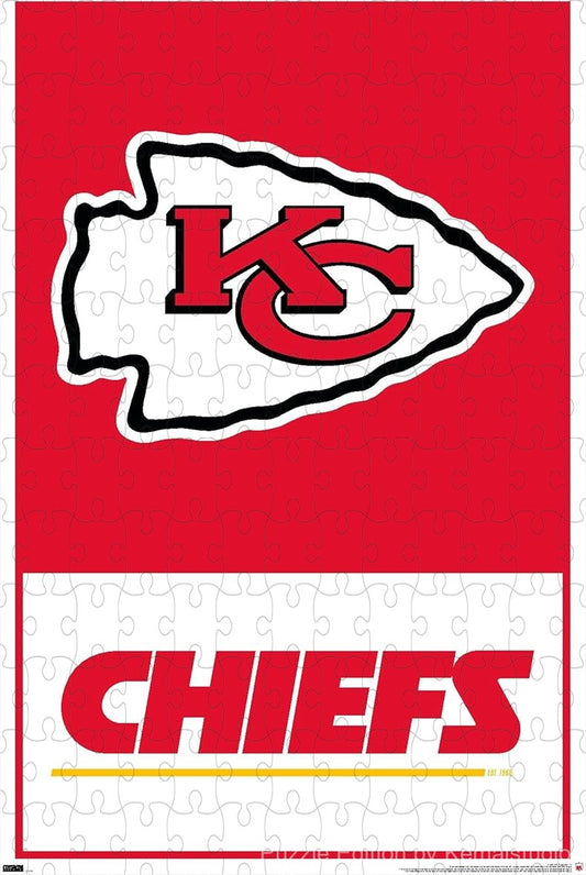 1000-piece wooden jigsaw puzzle featuring the Kansas City Chiefs logo.