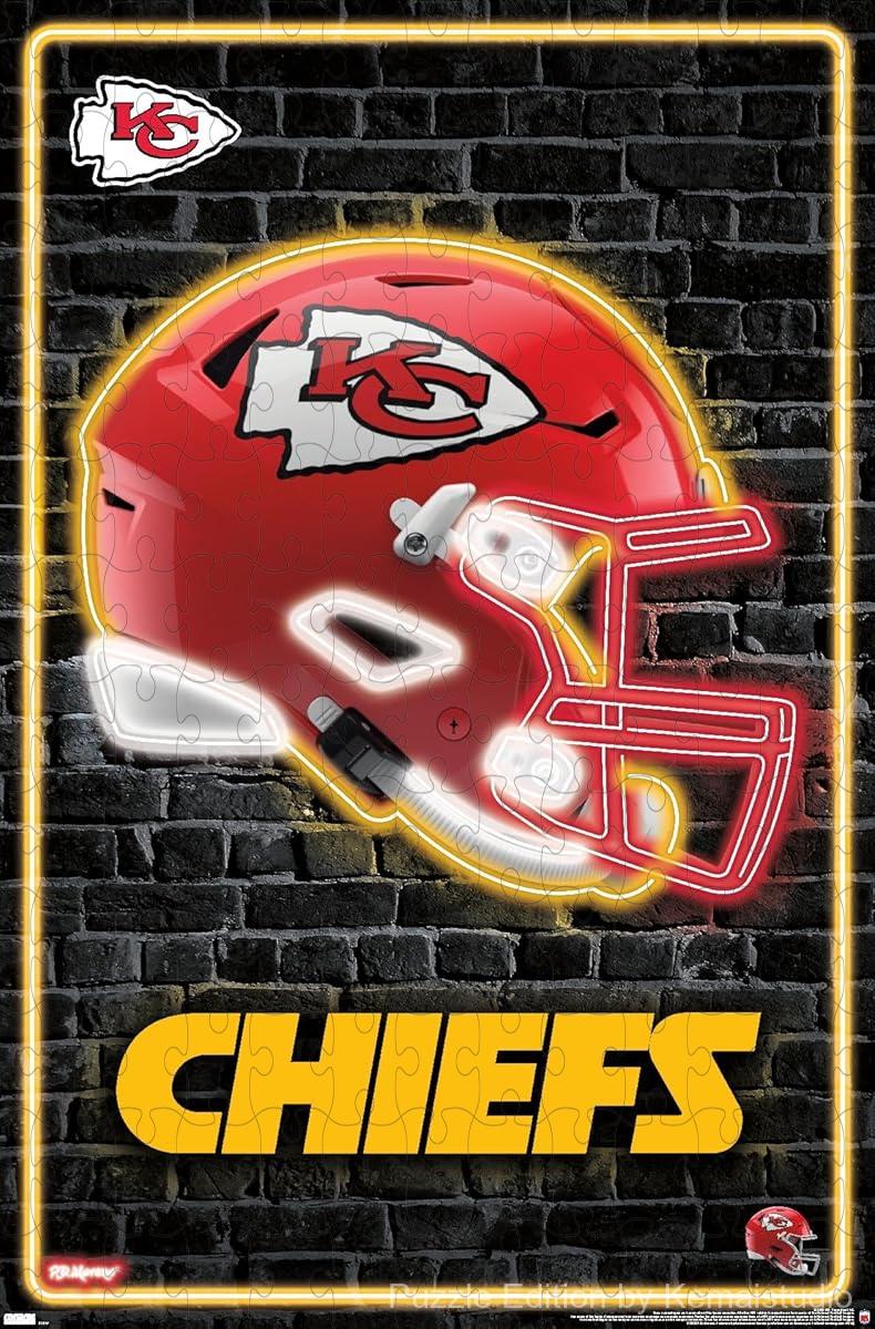 1000-piece wooden jigsaw puzzle featuring the Kansas City Chiefs neon helmet.