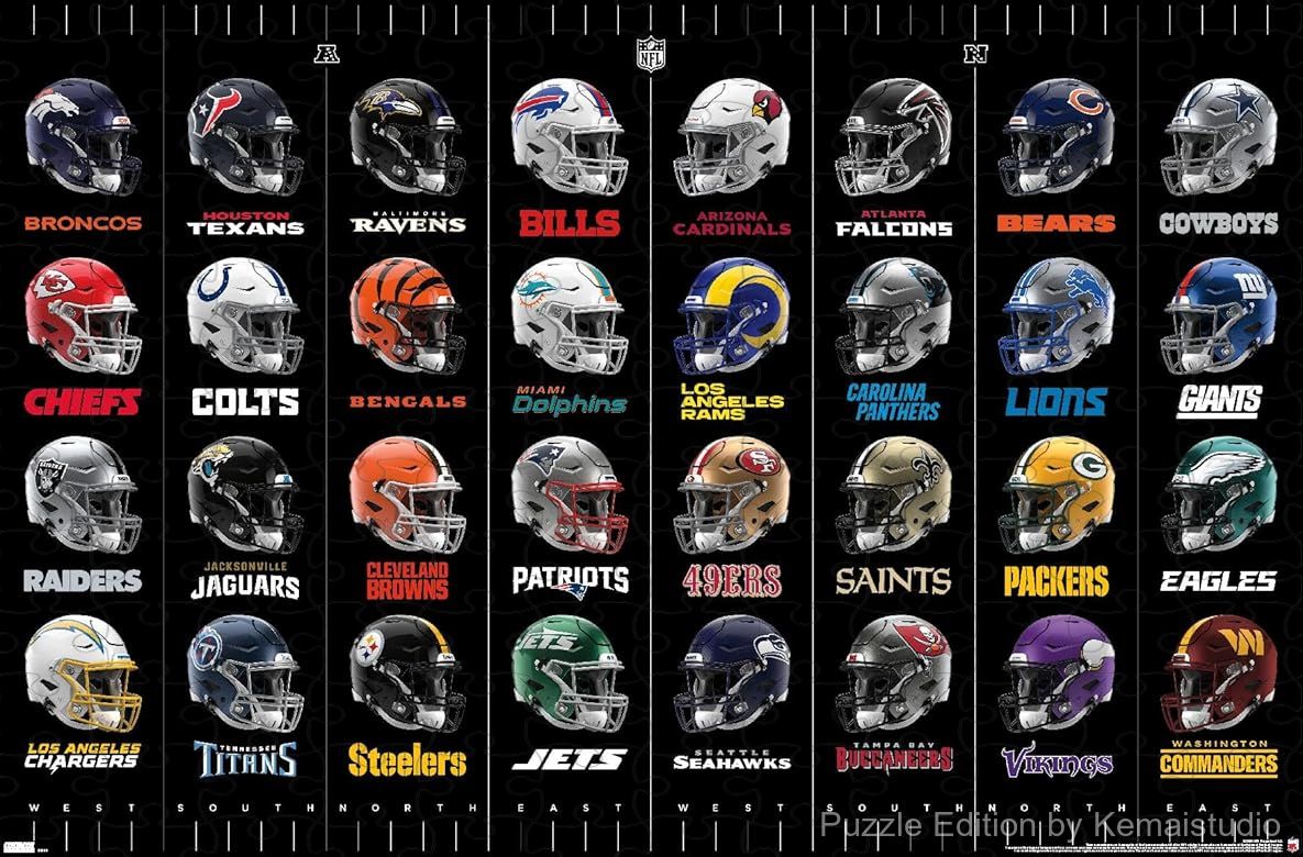 500-piece wooden jigsaw puzzle featuring NFL Helmets 24, a great challenge for sports lovers.