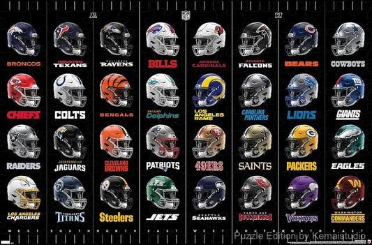 500-piece wooden jigsaw puzzle featuring NFL Helmets 24, a great challenge for sports lovers.