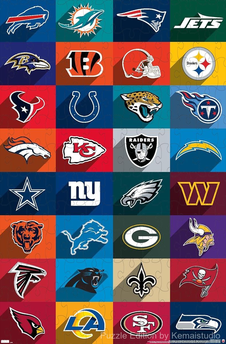 1000-piece wooden puzzle featuring NFL team logos.