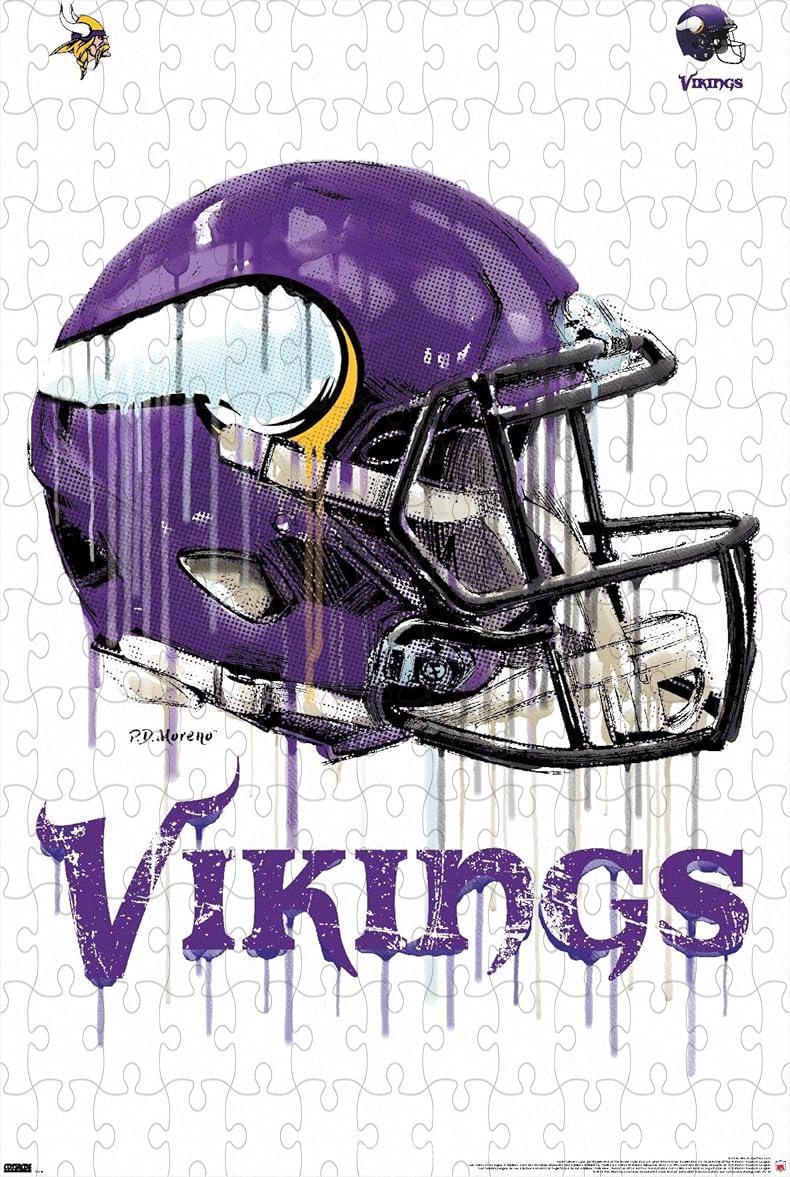 500-piece wooden jigsaw puzzle featuring the Minnesota Vikings drip helmet design.