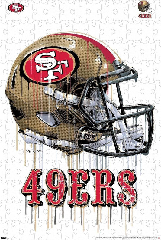 500-piece wooden jigsaw puzzle featuring the San Francisco 49ers drip helmet design.