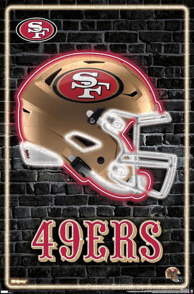 500-piece wooden jigsaw puzzle featuring the neon San Francisco 49ers helmet, a must-have for sports enthusiasts.