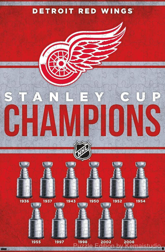500-piece wooden jigsaw puzzle featuring the Detroit Red Wings Champions 2023 logo.