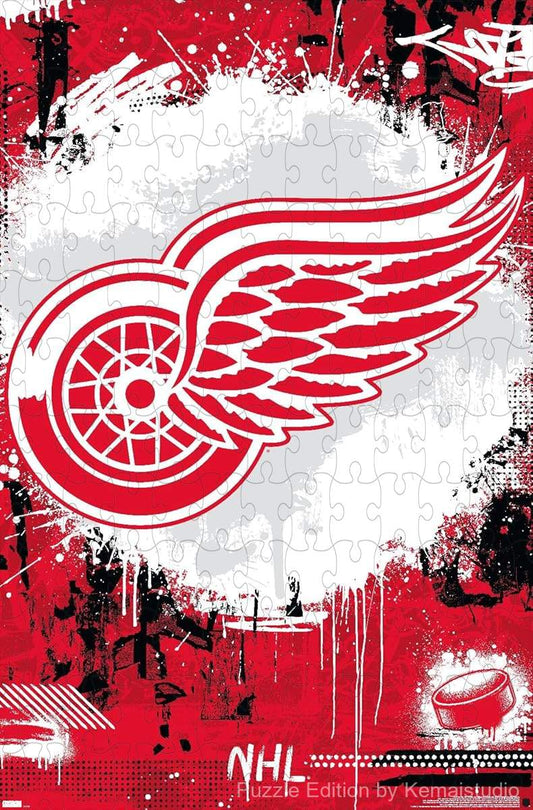 A bold and vibrant Detroit Red Wings logo in maximalist design