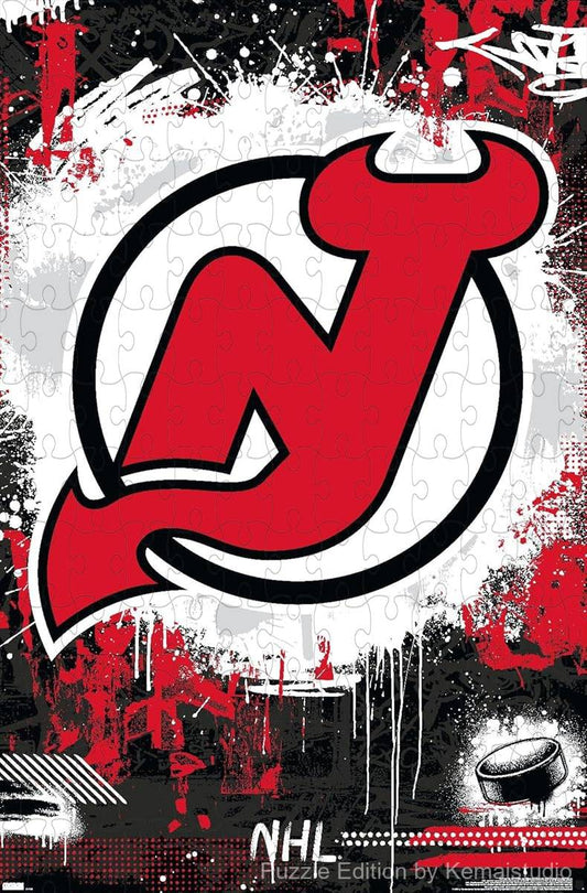 The bold and vibrant logo of the New Jersey Devils in maximalist design