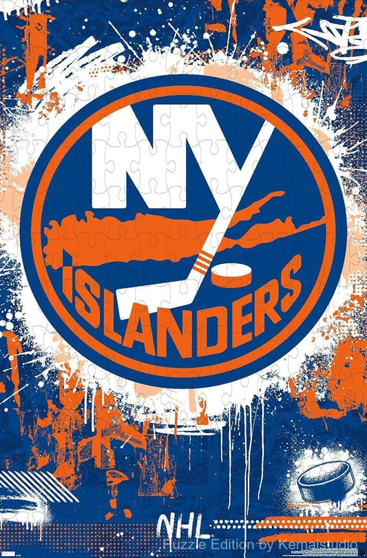 A bold and vibrant New York Islanders logo with maximalist details
