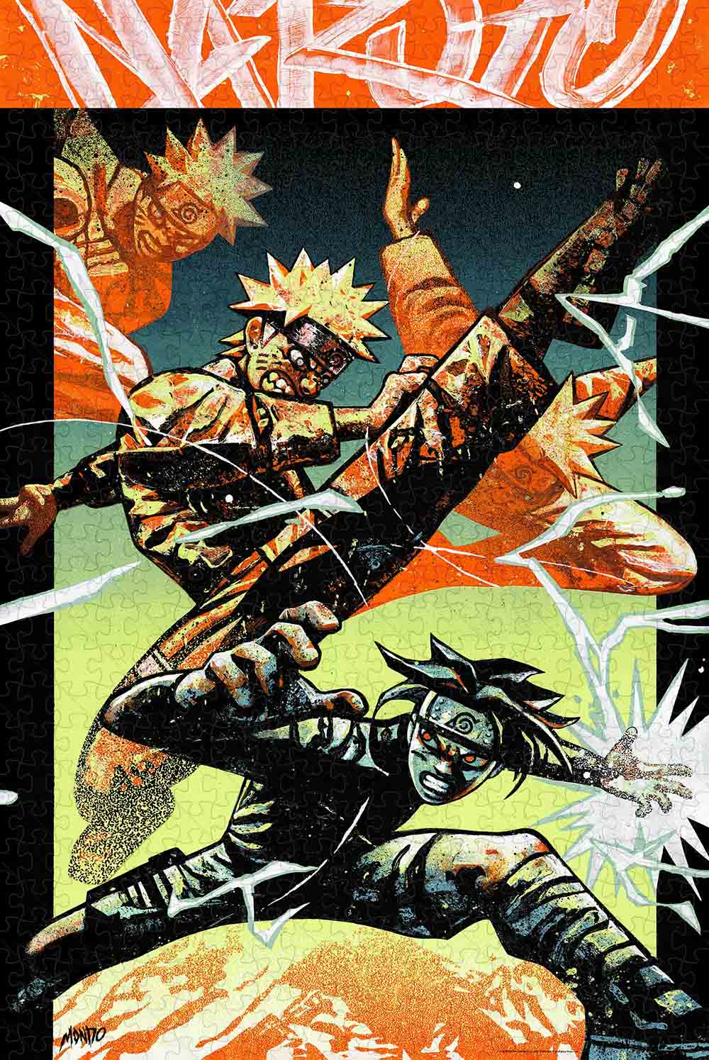 a jigsaw puzzle used for : screenprinted poster by artist and illustrator Gian Galang for the iconic anime series NARUTO (2002).