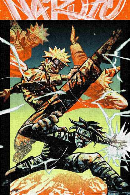 a jigsaw puzzle used for : screenprinted poster by artist and illustrator Gian Galang for the iconic anime series NARUTO (2002).