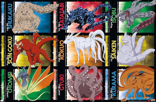 Wooden puzzle featuring the Biju (Tailed Beast) grid from Naruto Shippuden, showcasing epic battles and power