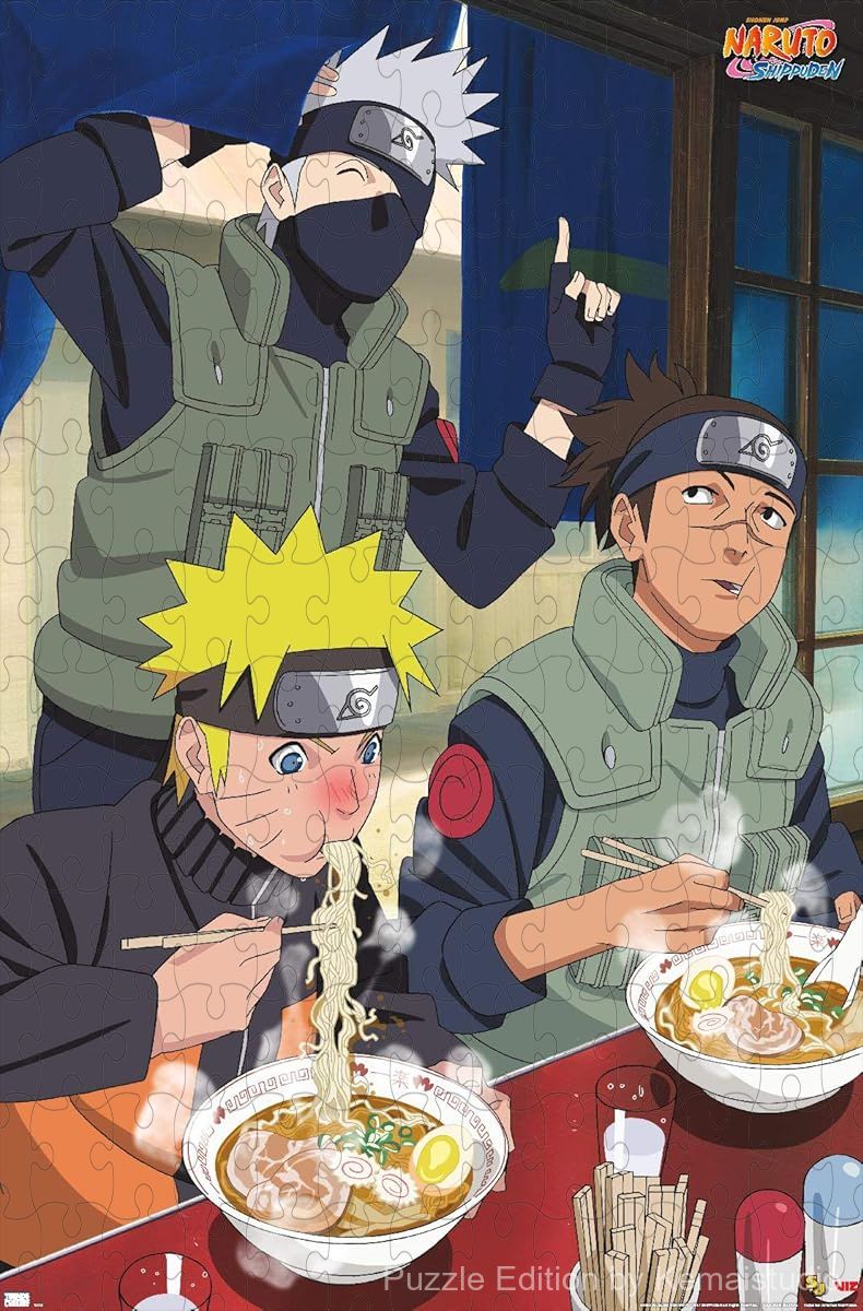 Wooden puzzle featuring Naruto eating ramen, a fun and quirky design for fans of the anime