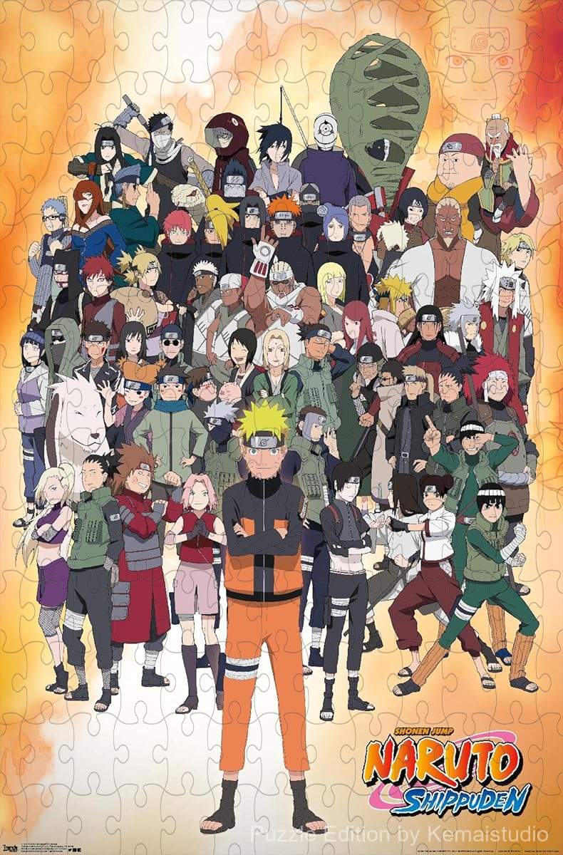 Wooden puzzle featuring the main characters of Naruto Shippuden together, with vibrant details