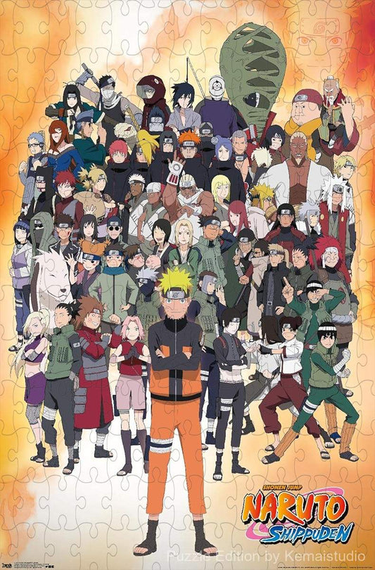 Wooden puzzle featuring the main characters of Naruto Shippuden together, with vibrant details