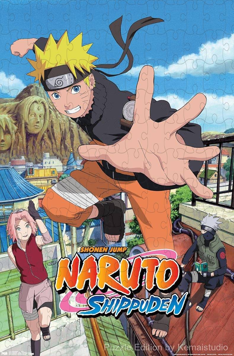 Wooden puzzle featuring Naruto in mid-jump, showcasing a dynamic action scene