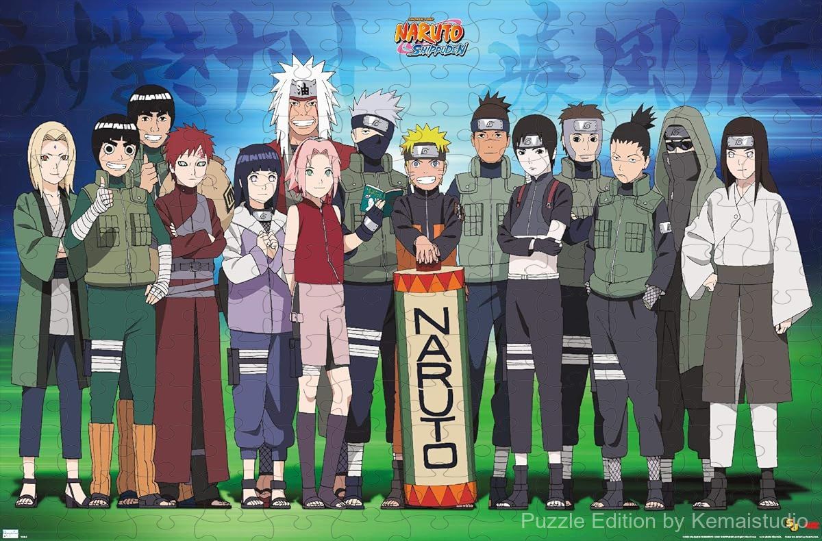 Wooden puzzle featuring the Makimono scroll design from Naruto Shippuden, with traditional Japanese art style